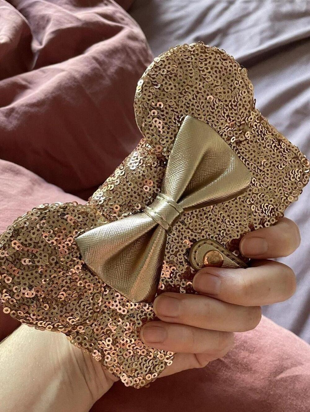 Gold Sequin Bow Accent Wallet with Bear Ears Shape